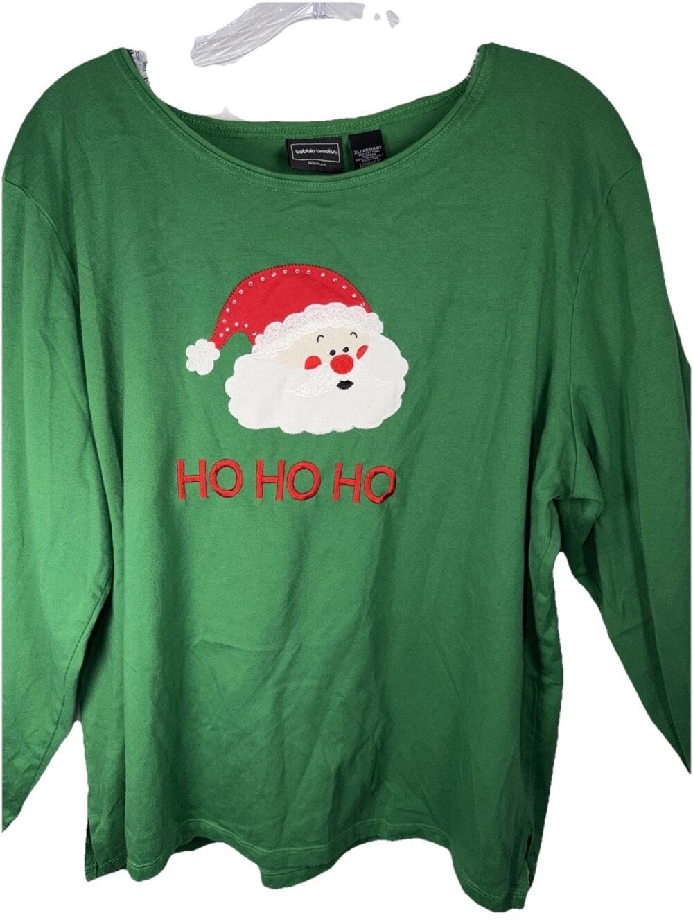 Bobbie Brooks Green Long Sleeved Christmas Shirt Top Santa Applique Women XL